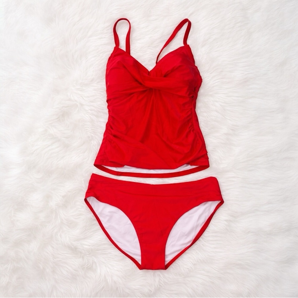 B2PRITY Red Tankini Swimsuit Set L NWT Twist Front Ruched Tummy Control Bikini